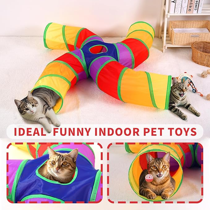 ‌Coolcandy Cat Tunnel & Interactive Cat Toy Indoor, Curved 4 Way Tunnel Toys for Indoor Cats, Collapsible Interactive Peekaboo Cave with Play Ball, for Multi-Way Play & Small Animals