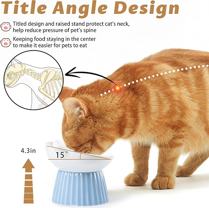 Ceramic Raised Cat Bowl，Tilted Raised Bowl Anti Vomit Bowls for Indoor Cats Whisker Friendly Pet Feeder for Cats Puppies, Microwave and Dishwasher Safe