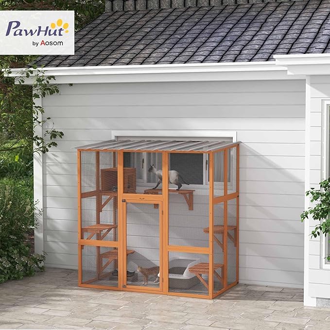 PawHut Catio Outdoor Cat Enclosure Window Box, Wooden Cat House Playground with Scratching Posts, Weather Protection Roof for 1-2 Kitties, Resting Boxes, 68" x 35.5" x 70.5", Orange