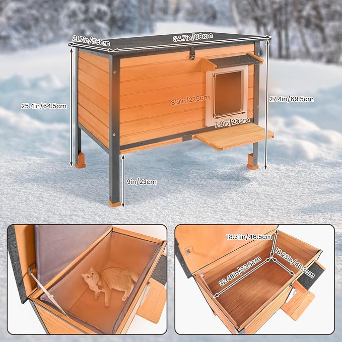 Insulated cat House Outdoor Weatherproof for Winter, Feral Cat Shelter with Insulated Liner, All Round Metal Frame Wooden Condos, Indoor and Outdoor Use for Cat, Rabbit and Small Animal