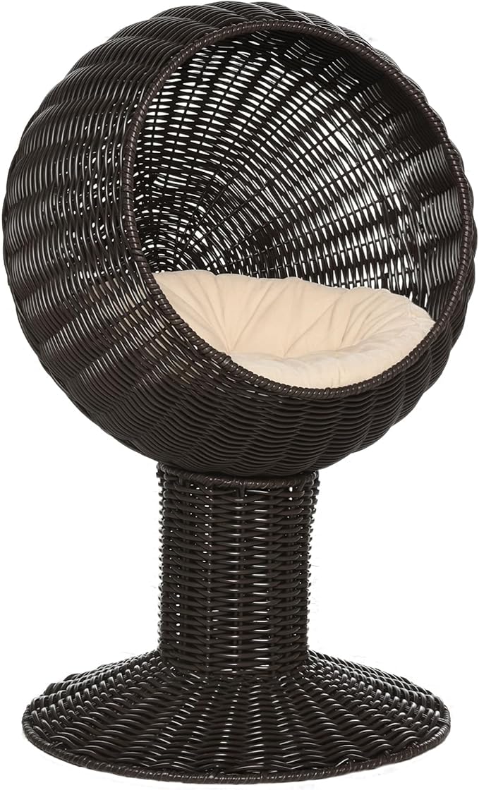 PawHut Elevated Cat Bed with Rotatable Egg Chair Pod, Cat Basket Bed with Thick Cushion, Natural Mat Grass Woven Kitty House, Coffee