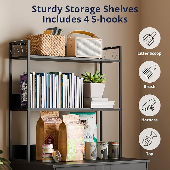 Cozy Castle Litter Box Enclosure, 57'' Cat Litter Box Furniture with Large Cabinet, Shelves and 4 S-Hooks, Hidden Cat House for Most of Litter Boxes, Wooden Pet Washroom Indoor, White