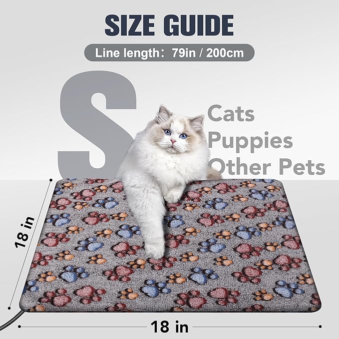 Cat Heating Pad, Waterproof Pet Heating Pad for Cats Dog Indoor, 11 Adjustable Temperature Cat Warming Bed Mat with Timer, Indoor Heated Bed with Chew Resistant Cord (S: 18'' L X 18W '')