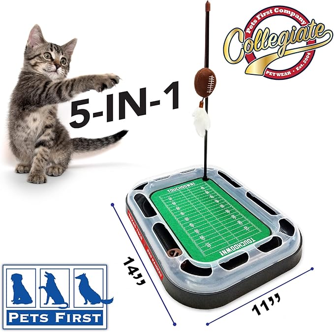 Pets First Cat Scratcher Toy + Interactive Ball Bell in Tracks - 5-in-1 Toy: Wand Poll + Catnip Filled Plush Football & Feathers