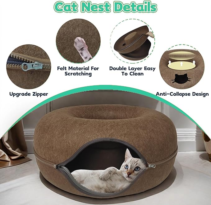 Donut Cat Tunnel Bed Peekaboo Cat Cave for Large Cats Up to 30 Lbs, Kitty Interactive Playing Tent House for Multiple Cats,Detachable,Scratch Resistant (Brown, Large - 24 Inch Diameter)