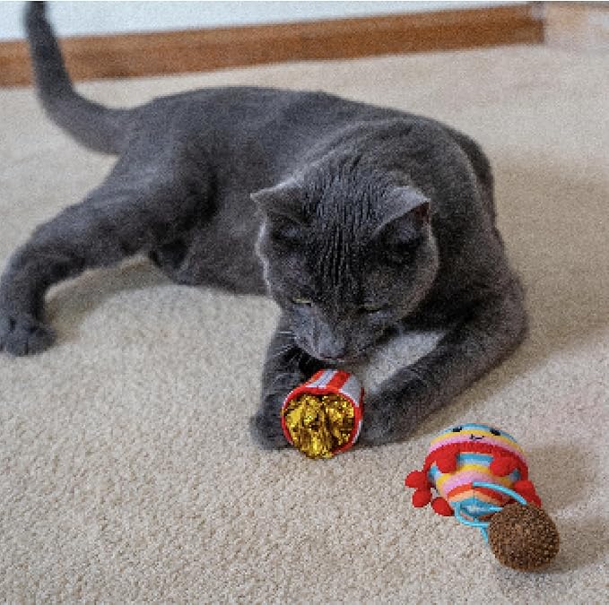 Catstages Pawrty Cat Toys, 3-Pack Catnip Plush Toys with Crinkle, Feathers & Flinger, Multicolored