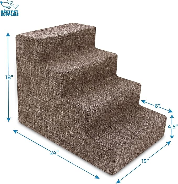 Best Pet Supplies Dog Stairs & Steps - Foam Steps for Small Dogs & Cats, Non-Slip Indoor Balanced Pet Step Support, Dog Ramp, No Assembly, Brown Linen, Foldable 4-Step (22-inch Height)