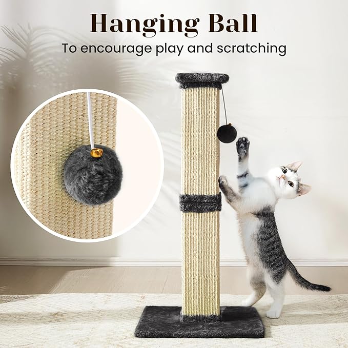 Cat Scratching Post with Hanging Toy Ball, 32-Inch Tall Sisal Cat Scratcher for Indoor Cats, Grey