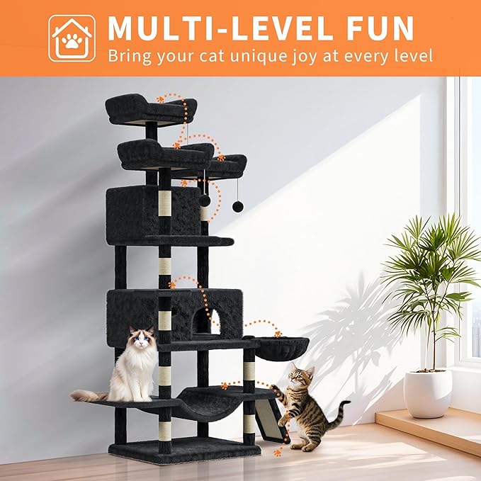 68.5 Inch Multi-Level Cat Tree, Plush Cat Tower with Condo/Sisal Scratching Posts/Hammocks/Basket/Dangling Ball/Platform, Heavy Duty Cats Tree to Play and Sleep, 2604#Dark Grey