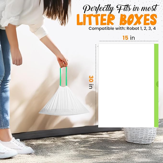 60 Count Cat Litter Box Liners – Extra Thick 2.4 Mil Drawstring Cat Litter Bags, Heavy-Duty & Waterproof, Tear-Resistant Kitty Litter Pan Liners for Hassle-Free Cleanup (30" x 15")