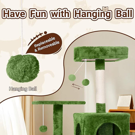 Cat Tree, 54-Inch Cat Tower for Indoor Cats,Plush Multi-Level Cat Condo with Scratching Posts, Basket, Perches,2 Caves,2 Pompoms(Green)