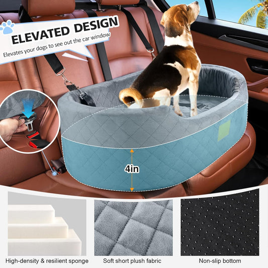 Dog Car Seat for Medium & Large Dogs up to 55 lbs, Elevated Booster Seat with Anti-Slip Base, Detachable & Machine-Washable Pet Car Bed for SUV/Sedan (Gray)
