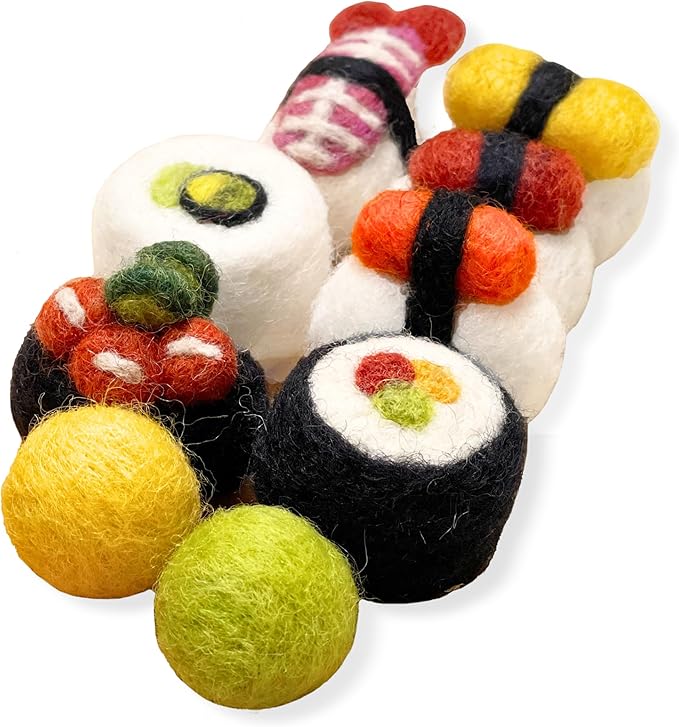 Woolbuddy Cat Sushi Toy, 8pcs, Wool Cat Toy for Boredom & Stimulating, Cute Interactive Toys for Indoor Feline Friends, Self-Play Kitten Toys, Chew Toy, Enrichment Without Catnip
