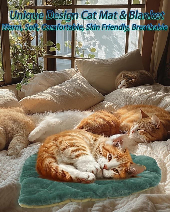 Cat Mat Self Warming Cat Bed 26"x20" Leaf Shaped Cotton Soft Warm Pet Pad Blanket for Indoor Bed Couch Sofa Floors Cat and Dog Warm Mattress (Green)