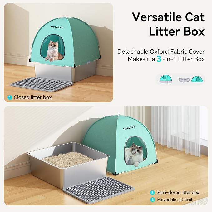 Extra Large 3-in-1 Enclosed Stainless Steel Cat Litter Box with Lid, High-Sided Oxford Cover, Metal Scoop, Odor Free, Leakproof & Easy-Clean Design