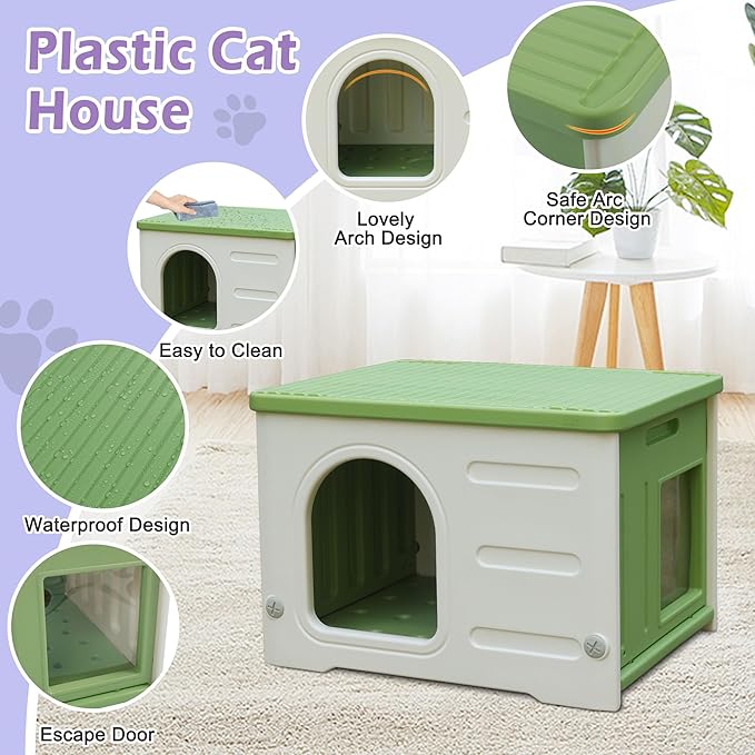 Deblue Plastic Cat House for Indoor & Outdoor, Waterproof Feral Cat House with Escape Door, Sturdy Pet Shelter for Cats, Puppy, Rabbit, Easy to Assemble and Clean-Green