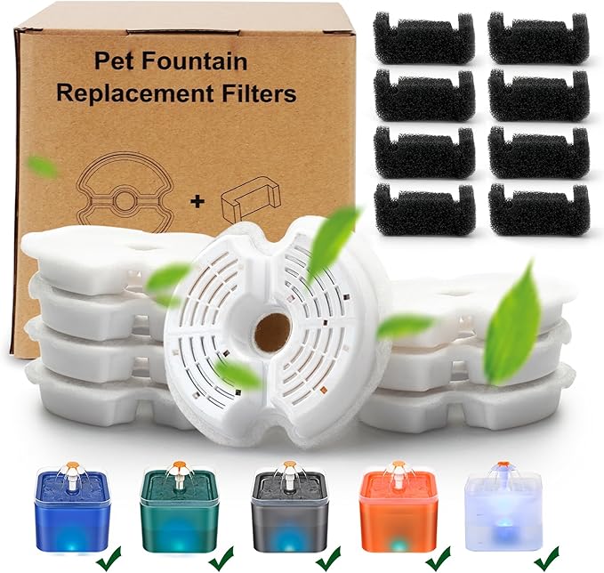 Cat Water Fountain Filter, Multiple Filtration Pet Water Fountain Replacement Filter,8 Cotton Activated Carbon Cat Fountain Filters and 8 Pre-filter Sponges (8+8 Pack)