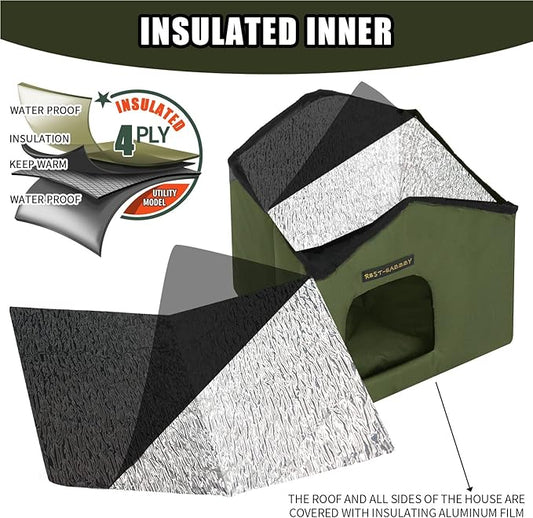 Rest-Eazzzy Cat House for Outdoor Cats, Weatherproof and Insulated Feral Cat House with Mat and Clip, Easy to Put Together, Selfwarming Cat Shelter for Winter(Olive Green, Canopy House X 1)