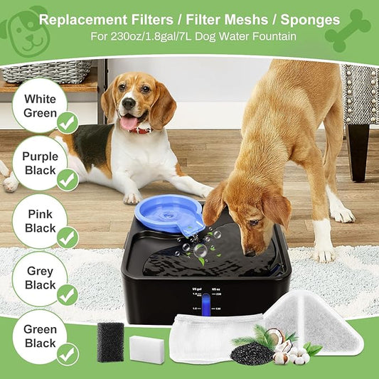 6 Sets of Replacement Filters for 230oz/7L Dog Water Fountain, GISOFIK Cat Water Fountain Filter, 5 Layers Filtration System Pet Fountain Filters Replacement (6 Filters+6 Mesh Bag+8 Sponge)