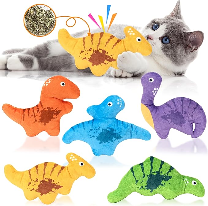 Catnip Cat Toys, 5Pcs Dinosaur Catnip Toys for Cat, Catnip Crinkle Sound, Soft and Durable, Interactive Kitten Kicker for Indoor Kitty for All Breeds