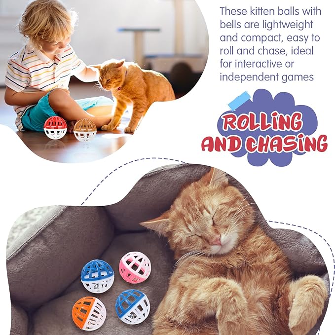 Hungdao 100 Pieces Cat Toys Balls, Plastic Lattice Balls Small Crinkle Cat Toys Assorted with Bell for Kitten Kitty PET Chase Pounce Rattle Play Toys, Assorted Color