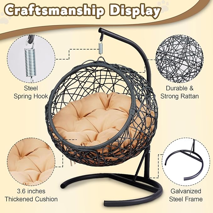 Cat Swing Bed with Stand & Cushion - Rattan Wicker Design, Indoor/Outdoor Hanging Hammock for Cats and Small Pets, Yellow