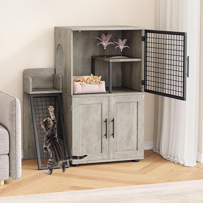 Cat Litter Box Furniture, Modern Cat Cabinet with Side Door, Double Layer Hidden Litter Box Enclosure & Pet House, Villa Style Cabinet with Side Door and Ladder for Indoor Cats