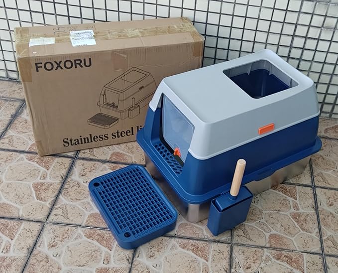Enclosed Stainless Steel Litter Cat Box with Lid for Big Cats, Top Entry Covered Jumbo Metal Tray, Extra Large, High Sides, Durable, Anti Leakage, Odorless, Non-Sticky, FOXORU