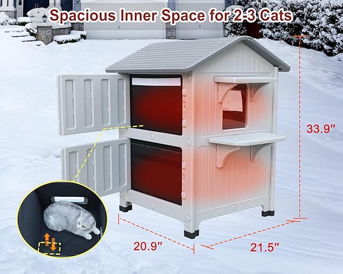 Rockever Plastic Outdoor Cat House with Insulated Liner, 100% Insulated Outdoor Cat Houses for Winter, Waterproof 2 Story Outside Cat Shelter, Clean and Assemble Easily-Grey