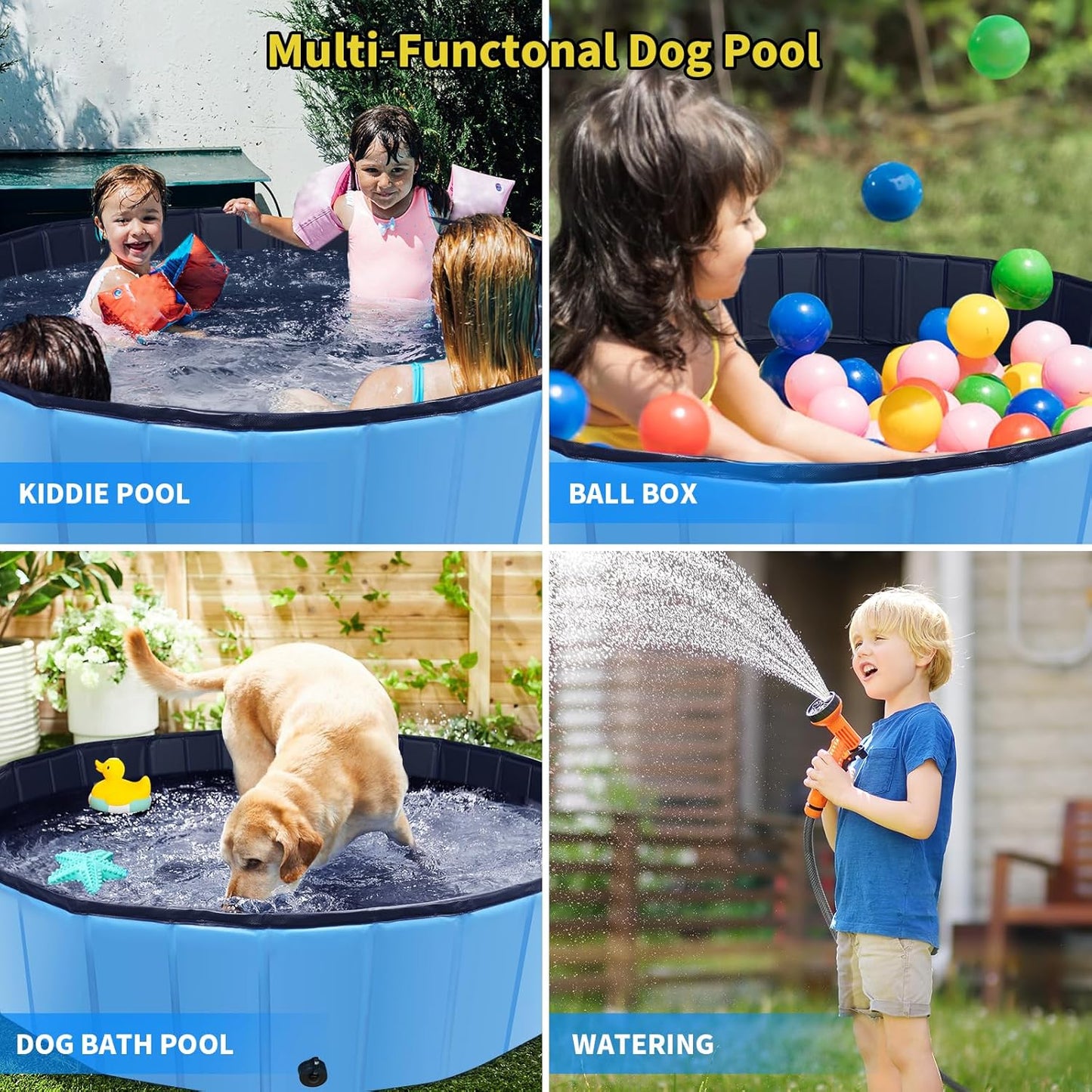 Foldable Dog Pool, 87" x 14" Large Kiddie Pool with Hard Plastic, Non-Slip Dog Bath Tub for Outdoor Backyard, Collapsible Dog Swimming Pool for Kids Dogs Pets (Blue)