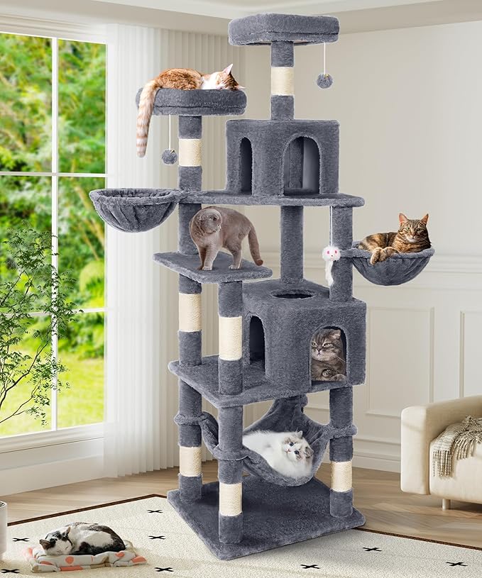 AMHANCIBLE Cat Tree, 70 Inch Tall for Indoor Adult Cats, Large Multi-Level Tower with Scratching Post, Hammock, Condos, Hanging Basket, Activity Center to Play and Sleep, Grey, PT18GY