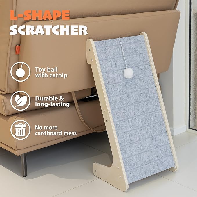 PETKARAY Felt Cat Scratcher, L Shaped Scratching Pad, Scratch Resistant Carpet Scratcher Ramp, Slot-Free Scratch Board with Toy Ball, Light Grey