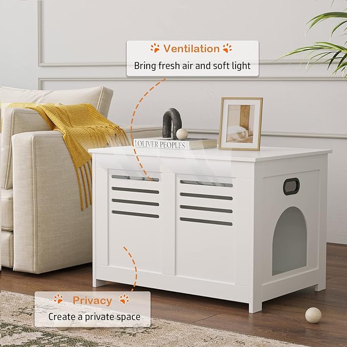 DINZI LVJ Litter Box Enclosure, Flip Top Litter Box Furniture, Hidden Cat Washroom, Wooden Cat House, End Table, 31.5" L x 19.7" W x 19.7" H, Good Ventilation, Easy to Assemble, White