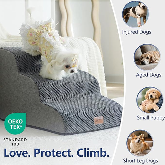 GoGoBunny Ramp Dog Stairs for Couch Sofa and Chair 15.7" H, 3-Step Pet Steps for Small Dogs and Cats, Non-Slip Waterproof Fabric Cover, Stable and Balanced Indoor Step, Pets Friendly, Grey