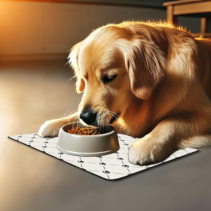 Lunarable Cat Pet Mat for Food and Water, Kitten Paw Footprints in Mirroring Marks Geometric Diamond Shapes Abstract Art Pattern, Non-Slip Rubber Mat for Dogs and Cats, 18" X 12", Beige Black