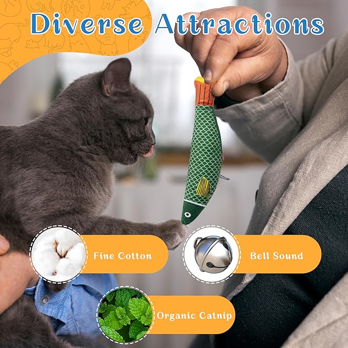Soft Catnip Toys Fish, 3 Pack Bell Sound Cat Toys, Interesting Indoor Cat Kicker Toys, Durable and Highly Interactive Catnip Toys (Saury Fish)