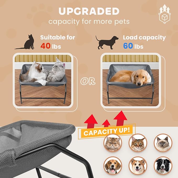 Large Cat Hammock Bed - Free-Standing Square Pet Sleeping Bed, Detachable, Easy Assembly for Indoor/Outdoor Use (Gray)