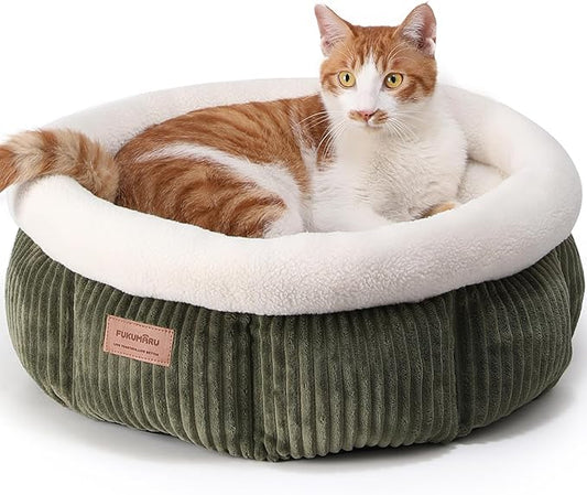 FUKUMARU Cat Bed, Washable Round Cat Beds for Indoor Cats, Soft Fluffy Pet Bed for Cats and Puppy, Corduroy Cute Small Dog Beds, Green