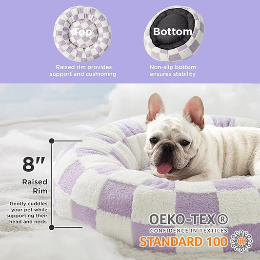 Lesure Donut Medium Dog Bed - Round Cat Beds for Indoor Cats Calming Pet Beds, Cute Modern Beds with Jacquard Shaggy Plush & Anti Slip Bottom, 30 Inch, Purple