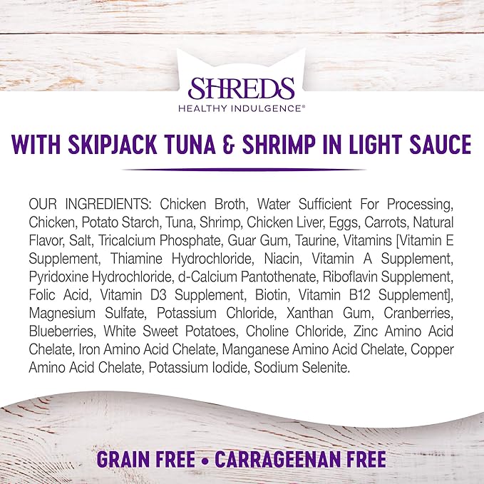 Wellness Healthly Indulgence Shreds Adult Wet Cat Food, Natural, Protein-Rich, Grain Free, 3 Ounce Pouch, 24 Pack, (Tuna & Shrimp)