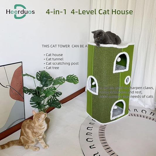 4-Level Cat House for Indoor Cats,Covered Cat Beds and Furniture with Scratch Pad,Hideaway Cave &Cushions,Modern Cat Tower Condo for Multi Small Pet and Large Cats Green