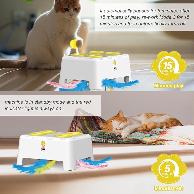 Cat Toys, Interactive Cat Toys, 2-in-1 Moving Concealed Feathers, 4 Holes Mice Whack A Mole Cat Kitten Toy Exercise Toys for Indoor Bored Adult Cats, USB Rechargeable Electronic Kitten Toys (White)