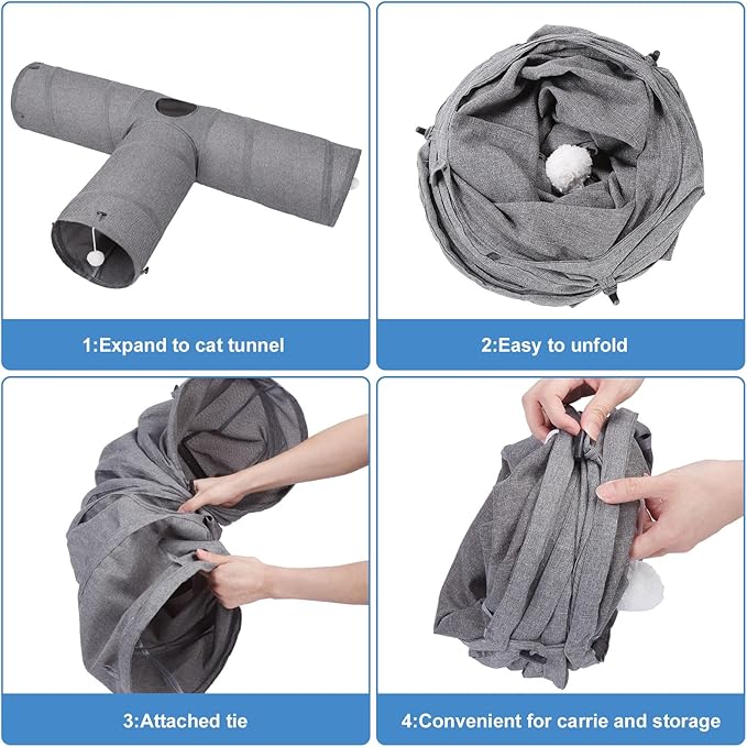 Ownpets Cat Tunnel, Extra Large 3 Way Collapsible Kitty Tunnel Cat Tube with Plush Ball & Feather Toy, Cat Play Tunnel for Large Cat, Kitten, Puppy, Rabbit(12 inches in Diameter)