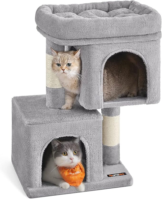 Feandrea Cat Tree, 26.4-Inch Cat Tower, S, Cat Condo for Kittens up to 7 lb, Large Cat Perch, 2 Cat Caves, Scratching Post, Light Gray UPCT611W01