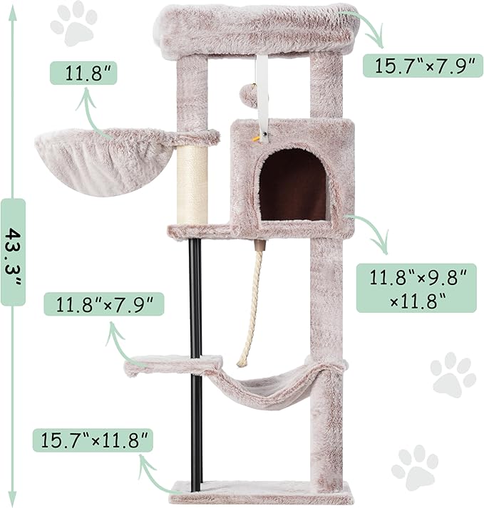 Cat Tree, Cat Tower for Indoor Cats, 43.3 inch Cat Tree Tower with Sturdy Steel Tube, Cat Hammock, Cat Condo for Small Cats and Kittens, Cat Scratching Post, Muchroom GCT004SMU