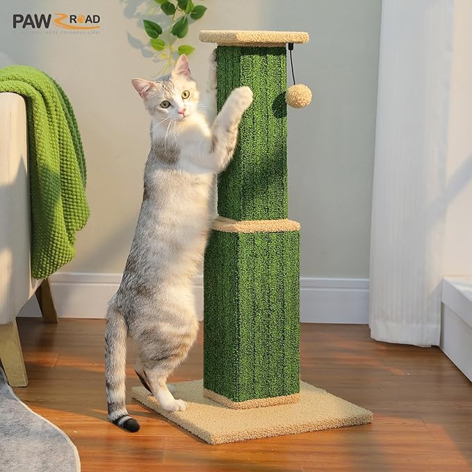 PAWZ Road Carpet Cat Scratching Post 32” Tall Scratching Post for Indoor Cats Adults Ultimate Scratch Post with Carpet, Large Base and Removable Dangling Ball- Green