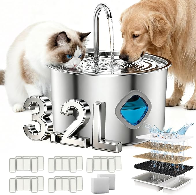 Pawdrate 3.2L/108oz Stainless Steel Dog Water Fountain, Automatic Pet Water Bowl Dispenser with Quadruple Filtration, Ultra-Quiet Circulating Cat and Dog Drinking Fountain