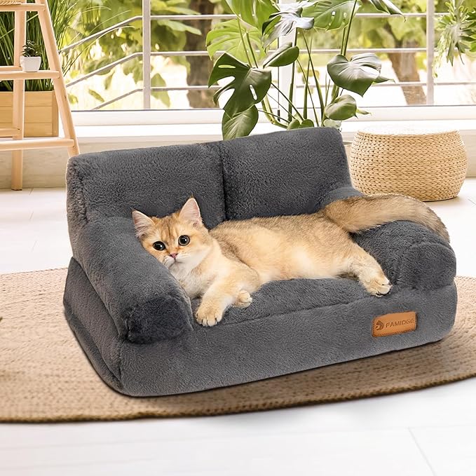 Cat Couch Bed - Cat Bed for Indoor Cats, Calming Pet Sofa Puppy Sleeping Bed with Removable Washable Cover, Cute Dog Couch and Kitty Lounge Chair for 12lbs Cats & Small Dogs(Dark Grey)