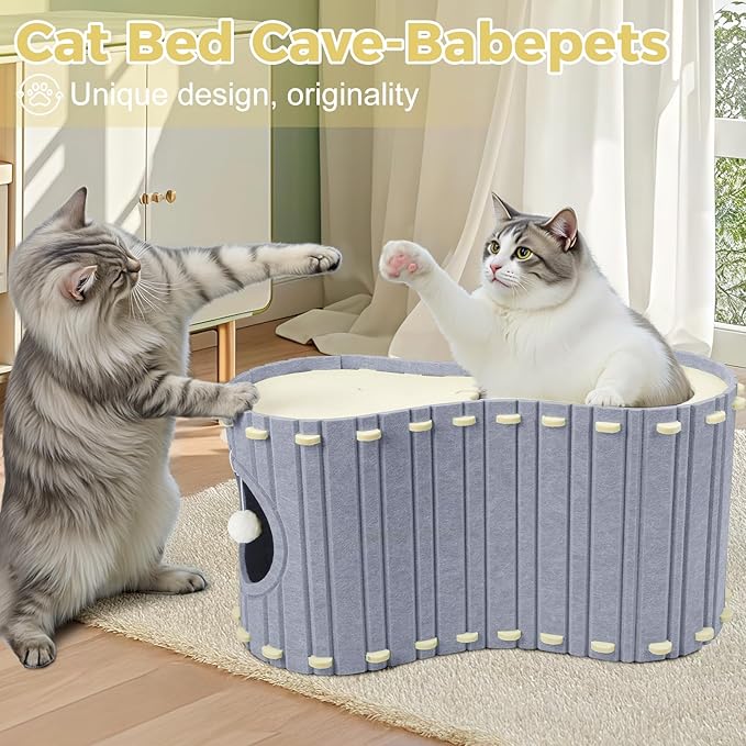 Babepets Cat House for Indoor Cats, Large Felt Bed Cave with Ball Hanging, Foldable Cat Condo, Scratch Resistant Peekaboo Hideaway for Multiple Pets up to 20Lbs, Cat Tunnel Enclosed Bed, Grey