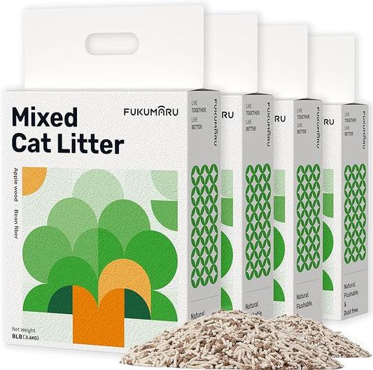 FUKUMARU Tofu Cat Litter, 32 LBS Clumping Cat Litter, Dust Free, Natural, Unscented, Flushable, Lightweight, Low Tracking, Mixed Apple Wood, 24/7 Odor Control, 8 lb x 4 Bags